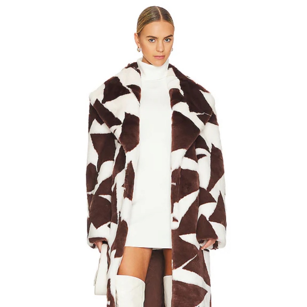 Ronny Kobo Ilia Faux Fur Coat in Ivory & Brown Triangle Diamond Print